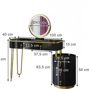 Masuta machiaj cu Oglinda LED si 5 Sertare pentru Cosmetice, Set Masa toaleta 100 cm, Negru, masuta cosmetica, vanity - SEN243 - Img 6