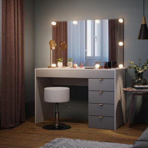 Masuta machiaj cu Oglinda LED si 5 Sertare pentru Cosmetice, Set Masa toaleta 115 cm, Alb, masuta cosmetica, vanity - SEA445