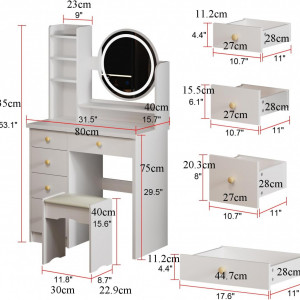 Masuta machiaj cu Oglinda LED si 5 Sertare pentru Cosmetice, Set Masa toaleta 80 cm, Alb, masuta cosmetica, vanity - SEA452 - Img 8