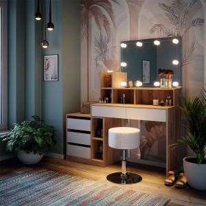 Masuta machiaj cu Oglinda LED si 5 Sertare pentru Cosmetice, Set Masa toaleta 140 cm, Alb, masuta cosmetica, vanity - SEM237