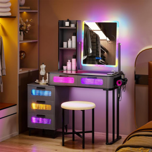 Masuta machiaj cu Oglinda LED si 5 Sertare pentru Cosmetice, Set Masa toaleta 80 cm, Negru, masuta cosmetica, vanity - SEG218