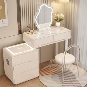 Masuta machiaj cu Oglinda LED si 5 Sertare pentru Cosmetice, Set Masa toaleta 110 cm, Alb, masuta cosmetica, vanity - SEA98