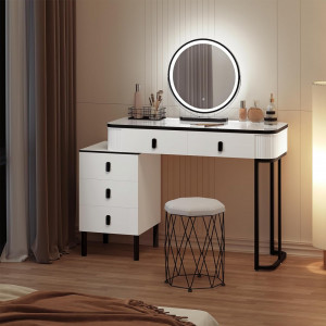 Masuta machiaj cu Oglinda LED si 5 Sertare pentru Cosmetice, Set Masa toaleta 100 cm, Alb, masuta cosmetica, vanity - SEA470