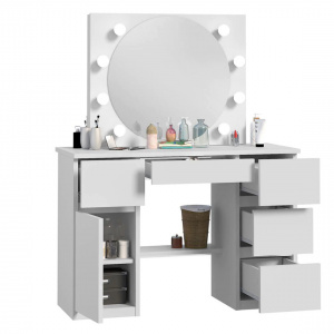 Masuta machiaj cu Oglinda LED si 5 Sertare pentru Cosmetice, Set Masa toaleta 120 cm, Alb, masuta cosmetica, vanity - SEA545 - Img 5