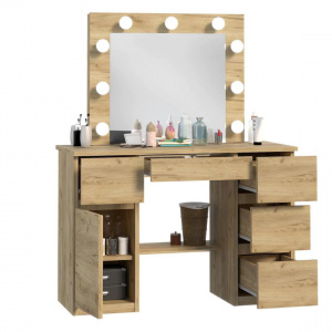 Masuta machiaj cu Oglinda LED si 5 Sertare pentru Cosmetice, Set Masa toaleta 120 cm, Stejar, masuta cosmetica, vanity - SEM522 - Img 3