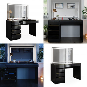 Masuta machiaj cu Oglinda LED si 5 Sertare pentru Cosmetice, Set Masa toaleta 120 cm, Negru, masuta cosmetica, vanity - SEN254 - Img 2