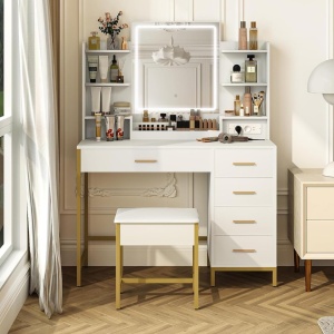 Masuta machiaj cu Oglinda LED si 5 Sertare pentru Cosmetice, Set Masa toaleta 108 cm, Alb, masuta cosmetica, vanity - SEA483 - Img 5