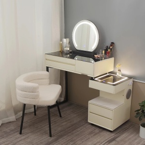Masuta machiaj cu Oglinda LED si 5 Sertare pentru Cosmetice, Set Masa toaleta 80 cm, Alb, masuta cosmetica, vanity - SEA168