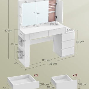 Masuta machiaj cu Oglinda LED si 5 Sertare pentru Cosmetice, Set Masa toaleta 125 cm, Alb, masuta cosmetica, vanity - SEA803 - Img 3