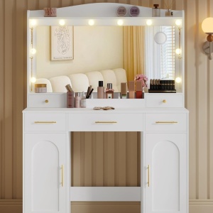 Masuta machiaj cu Oglinda LED si 5 Sertare pentru Cosmetice, Set Masa toaleta 108 cm, Alb, masuta cosmetica, vanity - SEA911 - Img 6