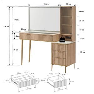 Masuta machiaj cu Oglinda LED si 5 Sertare pentru Cosmetice, Set Masa toaleta 122 cm, Alb, Antracit sau Culoarea Stejar, masuta cosmetica cu Riflaj, vanity - SEM21 - Img 7