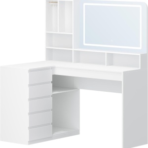 Masuta machiaj cu Oglinda LED si 5 Sertare pentru Cosmetice, Set Masa toaleta 120 cm, Alb, masuta cosmetica, vanity - SEA32 - Img 2