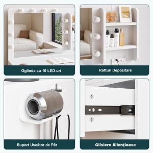 Masuta machiaj cu Oglinda LED si 5 Sertare pentru Cosmetice, Set Masa toaleta 99 cm, Alb, masuta cosmetica, vanity - SEA829 - Img 5