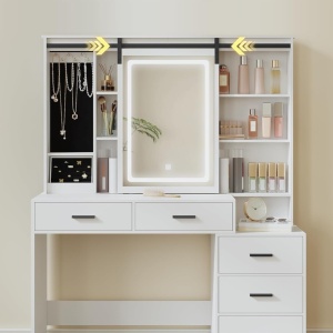 Masuta machiaj cu Oglinda LED si 5 Sertare pentru Cosmetice, Set Masa toaleta 120 cm, Alb, masuta cosmetica, vanity - SEA5 - Img 3