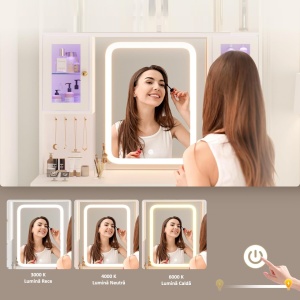 Masuta machiaj cu Oglinda LED si 5 Sertare pentru Cosmetice, Set Masa toaleta 105 cm, Alb, masuta cosmetica, vanity - SEA201 - Img 6