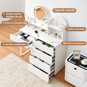 Masuta machiaj cu Oglinda LED si 5 Sertare pentru Cosmetice, Set Masa toaleta 105 - 130 cm, Alb, masuta cosmetica cu Prize si USB, Suport Uscator de Par - SEA25 - Img 8