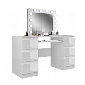 Masuta machiaj cu Oglinda LED si 6 Sertare pentru Cosmetice, Set Masa toaleta 130 cm, Alb Lucios, masuta cosmetica, vanity - SEA540