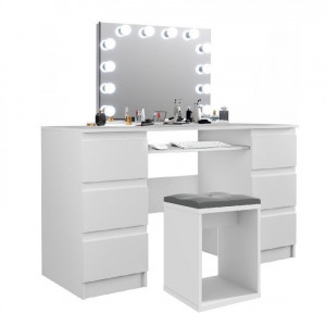 Masuta machiaj cu Oglinda LED si 6 Sertare pentru Cosmetice, Set Masa toaleta 130 cm, Alb, masuta cosmetica, vanity - SEA535 - Img 4