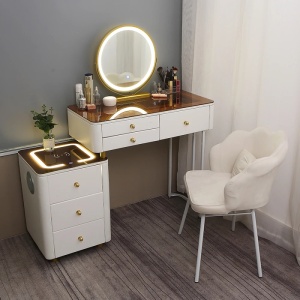Masuta machiaj cu Oglinda LED si 6 Sertare pentru Cosmetice, Set Masa toaleta 120 cm, Alb, masuta cosmetica, vanity - SEA163