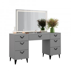 Masuta machiaj cu Oglinda LED si 7 Sertare pentru Cosmetice, Set Masa toaleta 150 cm, Gri, masuta cosmetica, vanity - SEG214 - Img 3