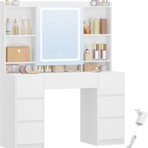 Masuta machiaj cu Oglinda LED si 7 Sertare pentru Cosmetice, Set Masa toaleta 108 cm, Alb, masuta cosmetica, vanity - SEA4 - Img 2
