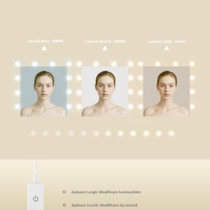 Masuta machiaj cu Oglinda LED si 8 Sertare pentru Cosmetice, Set Masa toaleta 120 cm, Alb, masuta cosmetica, vanity - SEA6 - Img 5
