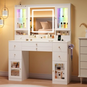 Masuta machiaj cu Oglinda LED si 8 Sertare pentru Cosmetice, Set Masa toaleta 107 cm, Alb, masuta cosmetica, vanity - SEA835 - Img 3