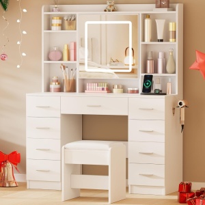 Masuta machiaj cu Oglinda LED si 9 Sertare pentru Cosmetice, Set Masa toaleta 110 cm, Alb, masuta cosmetica, vanity - SEA824 - Img 2