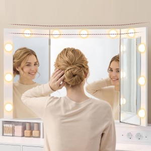 Masuta machiaj cu Oglinda LED si 9 Sertare pentru Cosmetice, Set Masa toaleta 107 cm, Alb, masuta cosmetica, vanity - SEA11 - Img 2