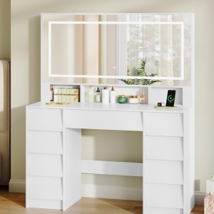 Masuta machiaj cu Oglinda LED si 9 Sertare pentru Cosmetice, Set Masa toaleta 109 cm, Alb, masuta cosmetica, vanity - SEA19 - Img 3