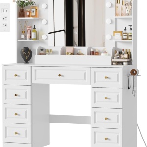 Masuta machiaj cu Oglinda LED si 9 Sertare pentru Cosmetice, Set Masa toaleta 107 cm, Alb, masuta cosmetica cu Priza, USB si USB-C, vanity - SEA205 - Img 4