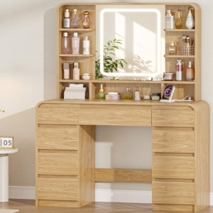 Masuta machiaj cu Oglinda LED si 9 Sertare pentru Cosmetice, Set Masa toaleta 108 cm, cu Priza si USB, masuta cosmetica Maro, vanity cu Rafturi - SEM1 - Img 4
