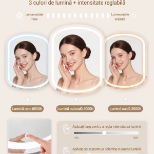 Masuta machiaj cu Oglinda LED si 9 Sertare si Rafturi pentru Cosmetice, Set Masa toaleta 108 cm, Alb, masuta cosmetica cu Priza si USB, vanity cu Dulapior - SEA17 - Img 7