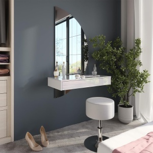 Masuta machiaj cu Oglinda Semiluna LED si 1 Sertar pentru Cosmetice, Set Masa toaleta 80 / 100 / 120 cm, Alb Lucios, masuta vanity, cosmetica - SEA838 - Img 8