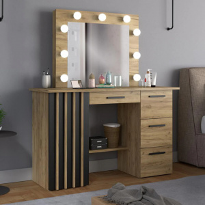 Masuta machiaj culoarea Stejar, cu Oglinda LED si 4 Sertare pentru Cosmetice, Set Masa toaleta 120 cm, Stejar, masuta vanity cu Riflaj, cosmetica - SEM535 - Img 6