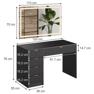 Masuta machiaj neagra cu Oglinda LED si 5 Sertare pentru Cosmetice, Set Masa toaleta 120 cm, masuta vanity cu Riflaj, cosmetica- SEN250 - Img 6