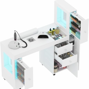 Masuta manichiura alba, 120 cm, birou, masa cosmetica pentru salon cu Aspirator Incorporat, Pernita, Sertare, Dulapuri si Rafturi - MANIA207 - Img 2