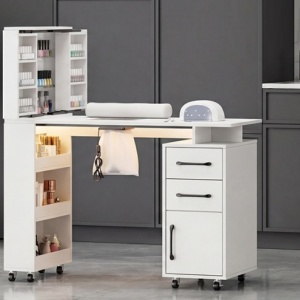 Masuta manichiura Alba / Roz / Neagra, 108 cm, birou cu LED, masa cosmetica pentru salon cu Aspirator Incorporat, Pernita si Rafturi deschise - MANIA216 - Img 10