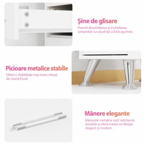 Masuta manichiura Alba / Roz / Neagra, 122 cm, birou cu Blat din Sticla, masa cosmetica pentru salon cu Aspirator Incorporat, Pernita si Vitrina din Sticla - MANIA214 - Img 10