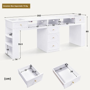 Masuta manichiura Dubla alba, 202 cm, cu aspirator incorporat, 3 Prize, 4 Sertare, masa cosmetica cu Rafturi - MANIA215 - Img 9