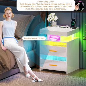 NOA237 - Set 2x Noptiere Alb Lucios, 45 cm, cu 2 sertare si raft, cu LED, USB, Incarcare Wireless, pentru dormitor - Alb-Auriu - Img 5