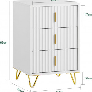 NOA45 - Set 2x Noptiere albe 40x40x63cm, riflaje, cu sau fara Priza, cu 3 sertare, dormitor - Alb-Auriu - Img 5