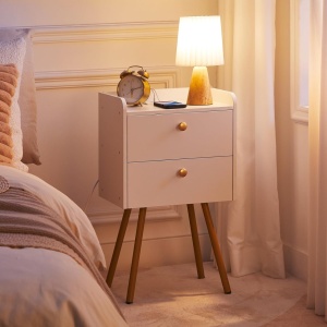 NOA48 - Set 2x Noptiere albe 38x28x66 cm, cu 2 sertare, priza, USB, dormitor - Alb-Auriu - Img 8