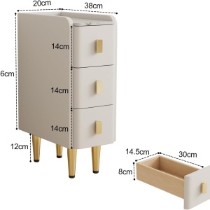 NOA5 - Set 2 Noptiere foarte inguste, 20 cm sau 30 cm, cu 3 sertare, dormitor - Alb - Auriu - Img 11