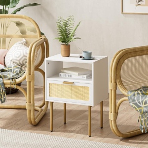 NOA60 - Set 2x Noptiere albe 40x30x56 cm, cu 1 sertar, dormitor - Alb-Auriu - Img 2