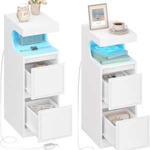 NOA79 - Set 2 Noptiere, 24 cm, foarte inguste, cu LED, 2 Sertare si Raft - Alb - Img 2