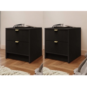 NON16 - Set 2 Noptiere negre, 40 cm, cu 2 sertare, dormitor - Negru - Auriu