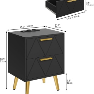 NON17 - Set 2 Noptiere negre, 40 cm, cu 2 sertare, Priza si USB, dormitor - Negru - Auriu - Img 3