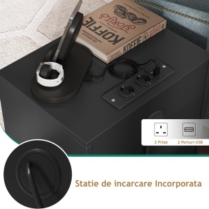 NON17 - Set 2 Noptiere negre, 40 cm, cu 2 sertare, Priza si USB, dormitor - Negru - Auriu - Img 6