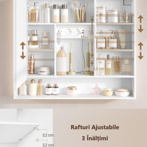 Oglinda Led cu dulapior alb, cu Priza, Rafturi ajustabile si Riflaj - Mobilier Baie VELORA - Img 8